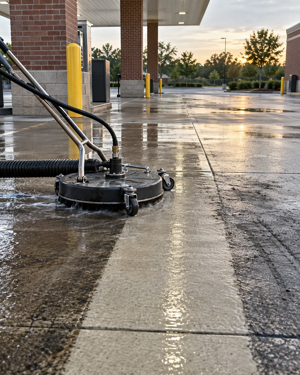 Detailed view of gas station and convenience-store cleaning work