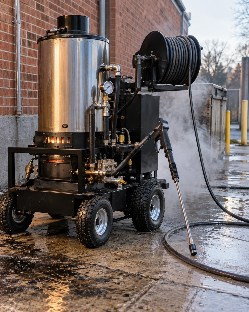 Detailed view of hot water pressure washing work