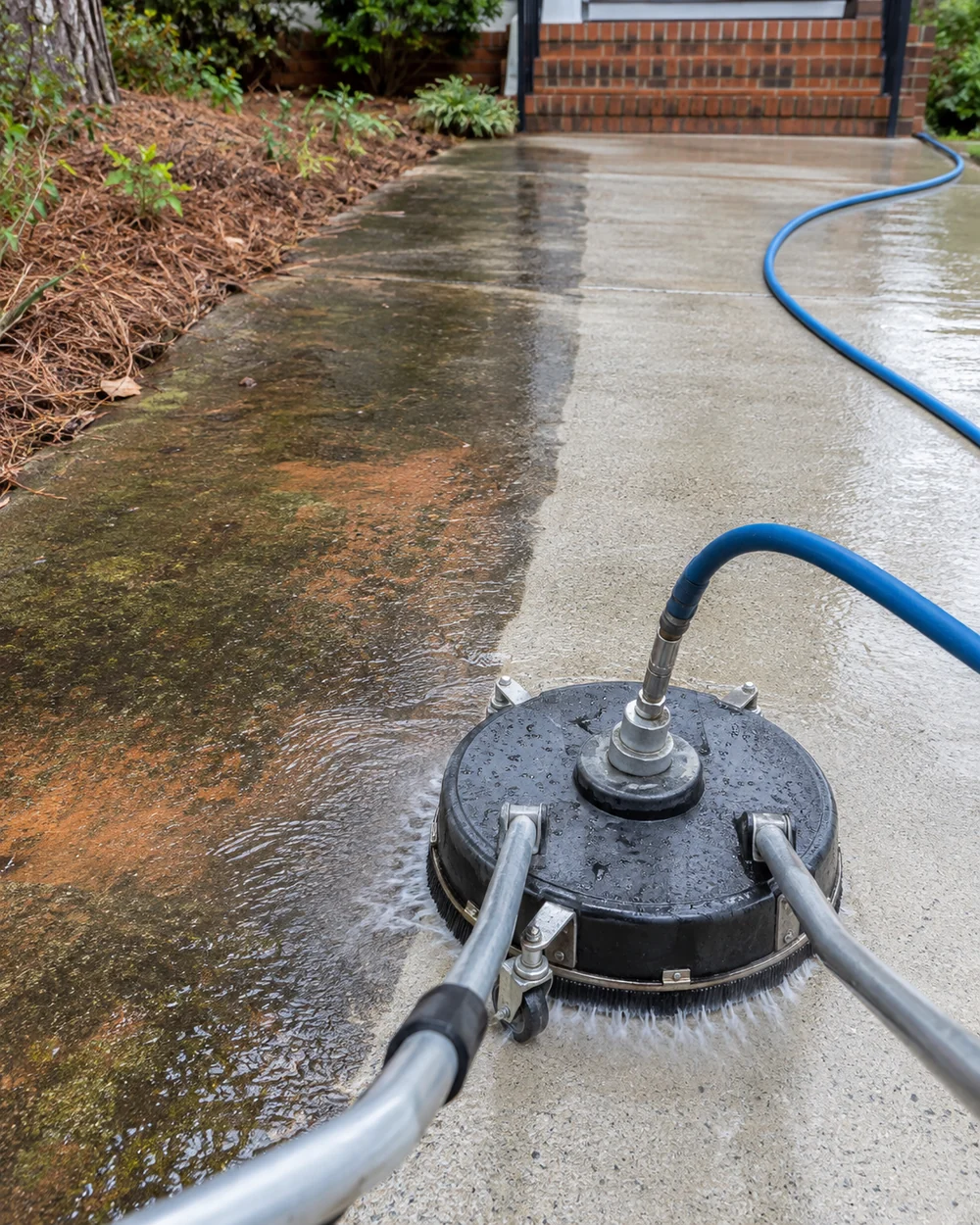 Detailed view of professional pressure washing work