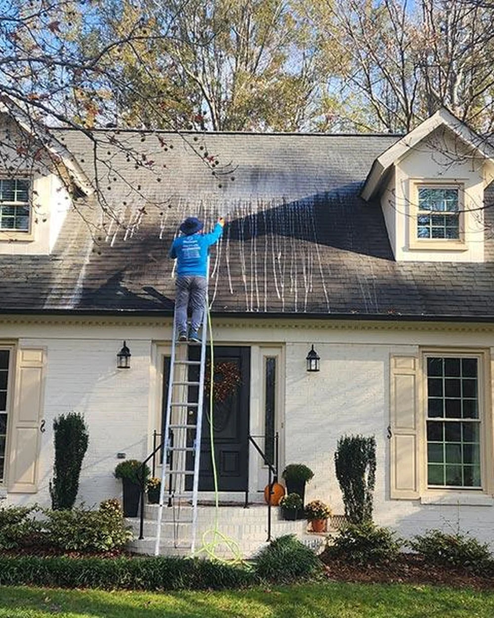 Detailed view of roof soft washing work