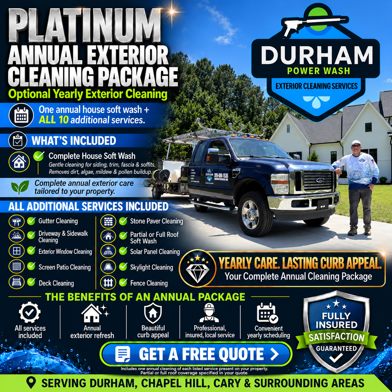 Durham Power Wash Platinum Annual Exterior Cleaning Package graphic with a service truck, home, and package overview; full details are listed on this page