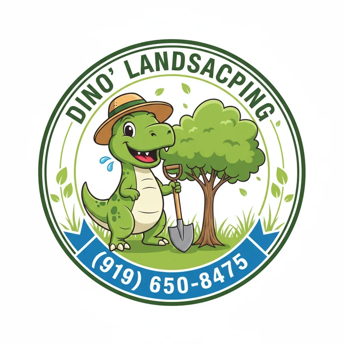 Dino’s Landscaping logo with a dinosaur, tree and shovel
